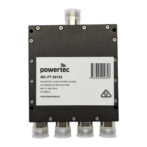Powertec RF Power Divider 4-Way, 698 to 3800 MHz, N Female, Wilkinson, 22dB isolation - Main Image